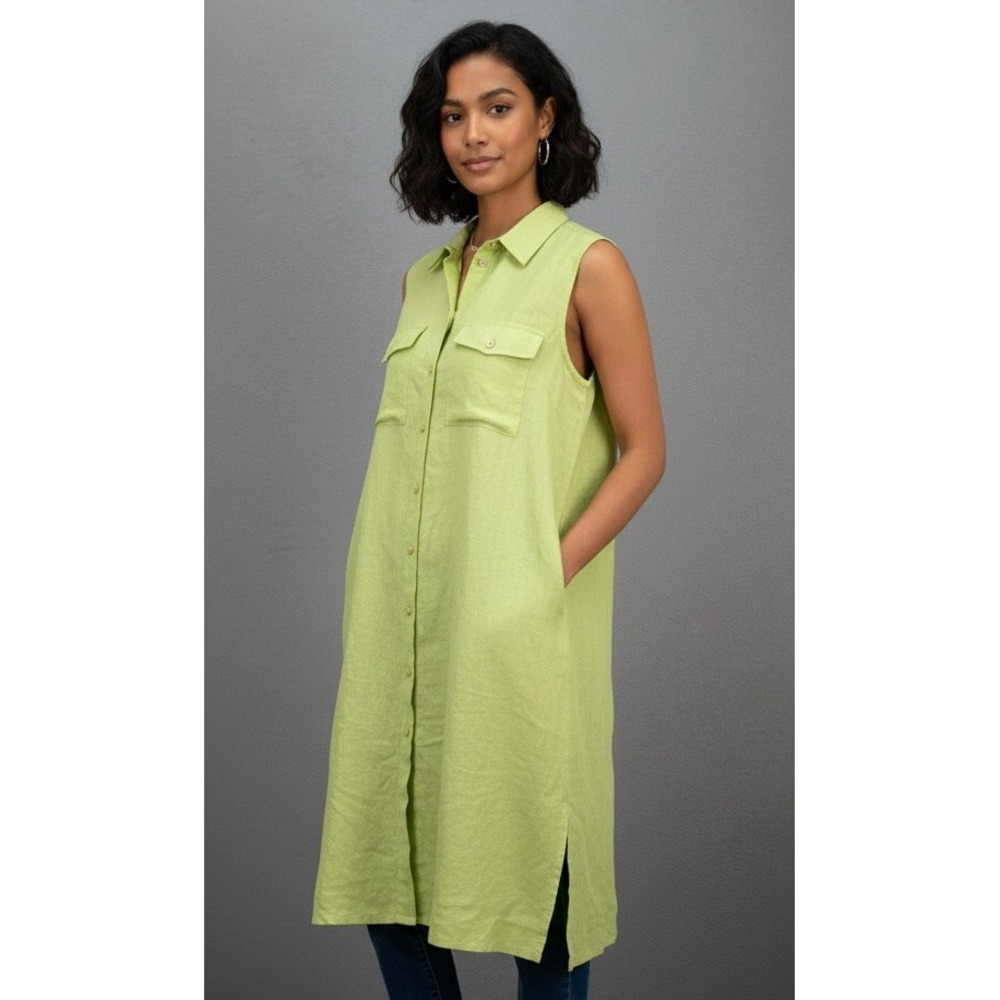 Chico's Linen Sleeveless Tank Top Size 2 Side Slit Tunic Green Button Up Coastal